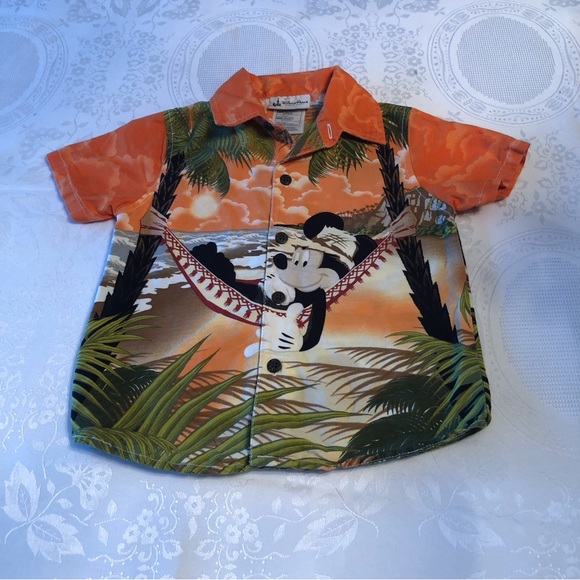Disney Parks Boys 36M Mickey Mouse Orange Hawaiian Shirt Button-Up Short Sleeves - Picture 11 of 14